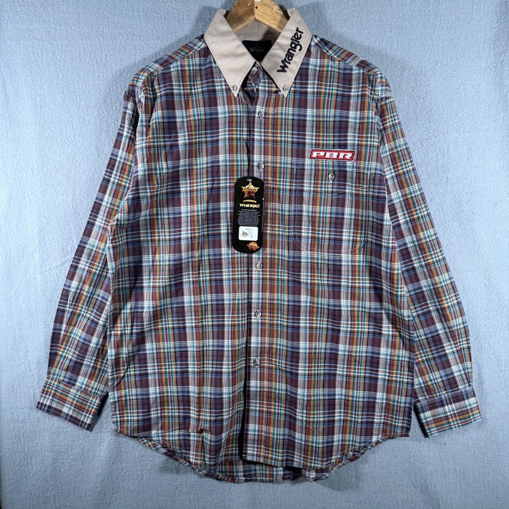 Wrangler PBR Mens Plaid Western Button Down Shirt Brown Blue MHS348M Medium NWT